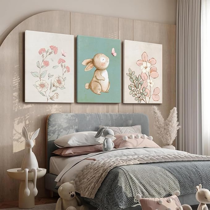 Framed Nursery Wall Art Set of 3 Pink Flower Botanical Pictures 12x16 In | Green Bunny Paintings, Cute Animal Canvas Prints for Girls and Boys Kids Room, Baby Room Decor