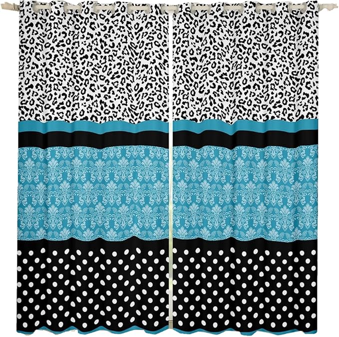 Leopard Print Window Curtains 38"Wx54"L Teal Boho Paisley Cheetah Curtains Black White Polk Dots Leopard Window Drapes 2 Panels For Kids Boys Girls Bedroom Decor,Bohemian Floral Window Treatments