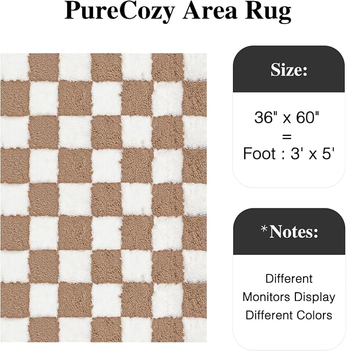 PureCozy 3x5 Area Rugs for Kids Room Brown Soft Shag Checkered Rug Modern Washable Indoor Office Fuzzy Carpet Non-Slip Fluffy Rugs for Bedroom Nursery Dorm Playroom Home Aesthetic Decor