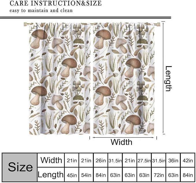 Watercolor Mushroom Curtains, Rustic Vintage Country Wild Mushroon Plants Leaves Print Blackout Window Drapes for Home Kitchen Bedroom Livingroom, 55" W X 63" L