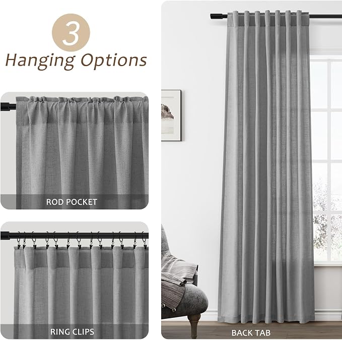 Aersas Dark Grey Linen Curtains 84 Inches Long 2 Panels Set Back Tab and Rod Pocket Living Room Curtain Farmhouse Neutral Light Filtering Drapes for Bedroom Cottage 52 inch Width x 84 inch Length