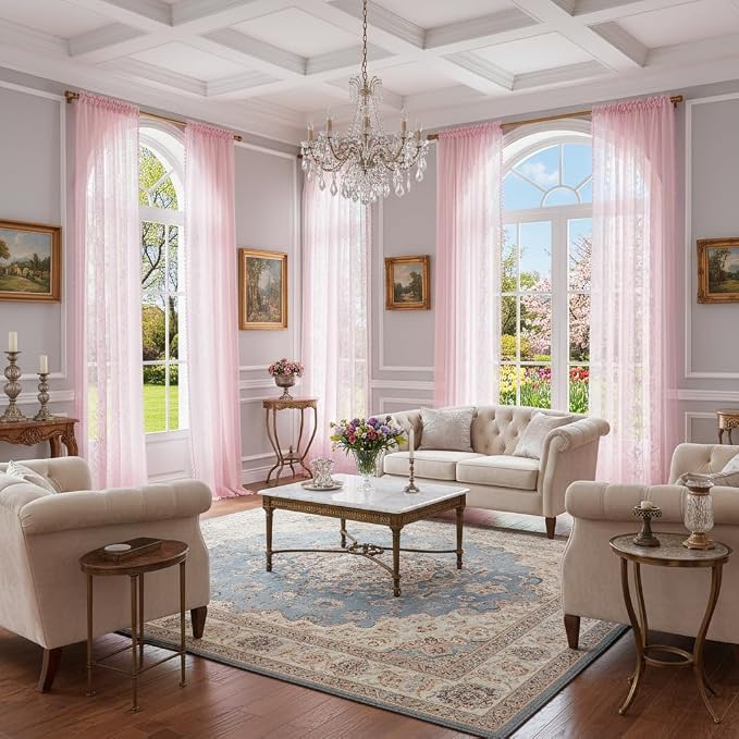WAZZIO Boho Lace Curtains 84 Inch 2 Panels -Sheer Panel Drape Floral Pattern & Tassel Light Filtering Privacy for Bedroom Dining Living Room,Princess Pink Girl Bedroom Decor,Pale Pink,W52 x 84L