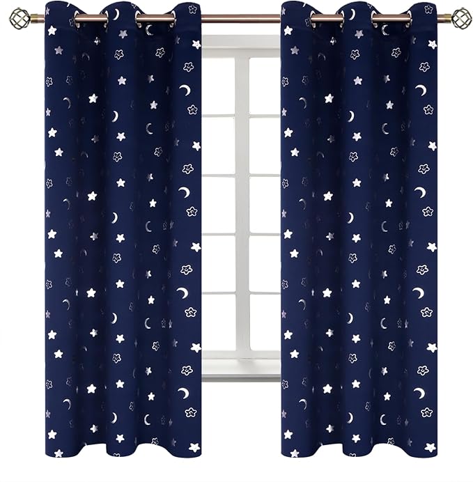 BGment Kids Curtains for Bedroom 63 Inch Length 2 Panels Set, Star and Moon Blackout Curtains for Boys Room Decor, Nursery Thermal Insulated Room Darkening Curtains with Grommet, 38 Wide, Navy Blue