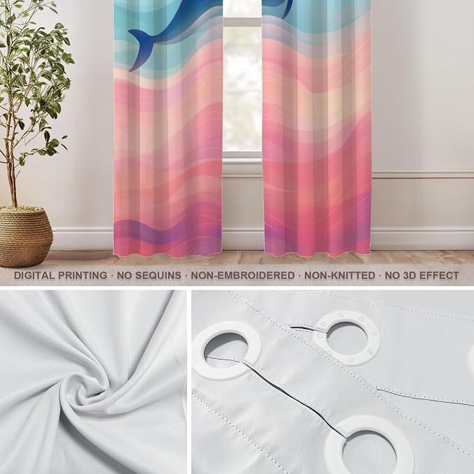 Shrahala Whale Waves Thermal Insulated Blackout Window Curtains, Whale in Colorful Waves Long Drapes for Bedroom/Living Room with Plastic Grommet, 52X84 Set of 2