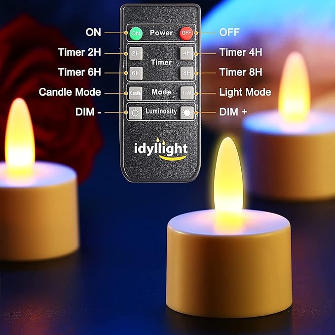 idyl light Rechargeable Tea Lights with Remote,100 Hours Flickering Working Waterproof Led Candles Lights for Centerpiece Home Wedding Party Decoration,Yellow,12 Pack
