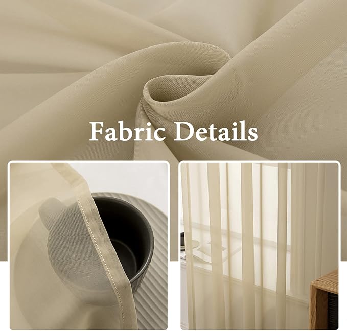MIULEE 2 Panels Solid Color Sheer Window Curtains Elegant Window Voile Panels/Drapes/Treatment for Bedroom Living Room (54 X 102 Inches Beige)