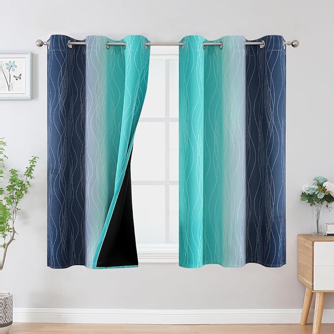 Estelar Textiler Navy Blue and Teal Ombre Blackout Curtains 45 Inch Length 2 Panels, Full Room Darkening Gradient Drapes for Bedroom, Thermal Insulated Grommet Short Curtains for Bathroom,42Wx45L