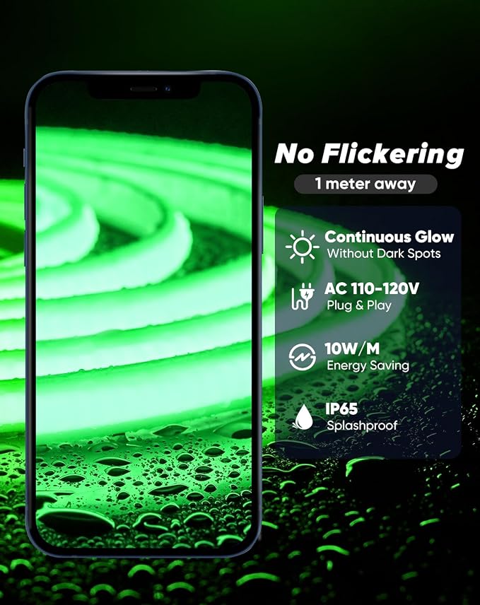 Shine Decor COB LED Rope Light AC 120V, 800lm Ultra Bright, IP65 Waterproof Cold-Resistant ETL Neon Strip, No Driver Tape Lighting for Home Commercial 10x4.5mm, Green, 16.4ft