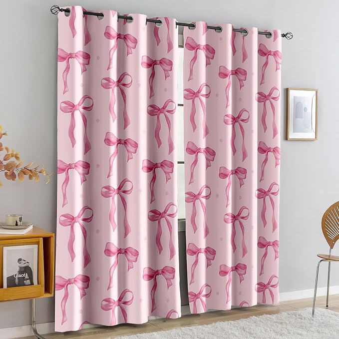 LUVIVIHOME Pink Bow Curtains, Cute Blackout Curtains for Girls Bedroom, Kids Room Decor, Aesthetic Girly Curtains, 2 Panel Sets, 42x84 Inch