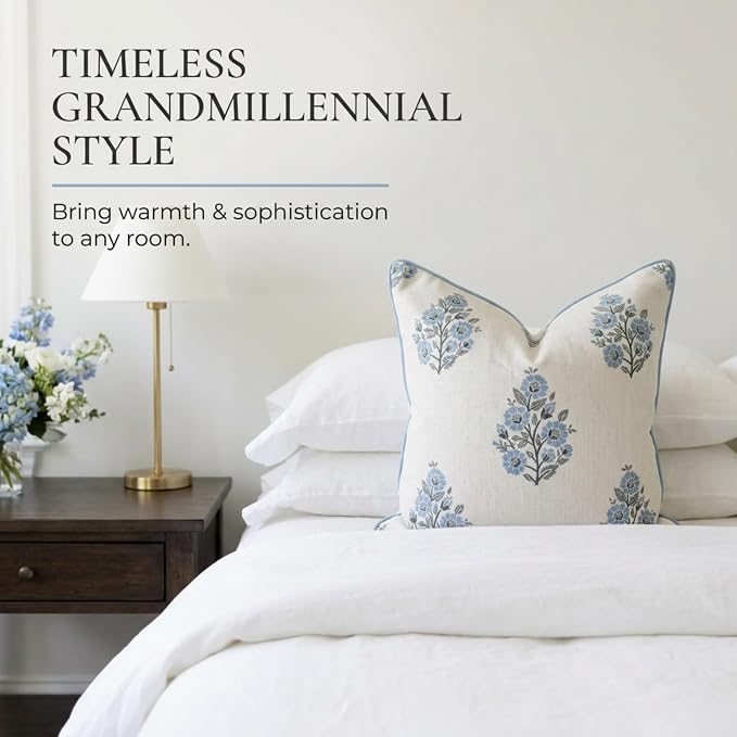 Jillien Harbor “The Camille” Decorative Pillow Cover – Blue & Whitel Floral Block Print Pillow Cover – Grandmillennial Home Decor, 24" x 24"