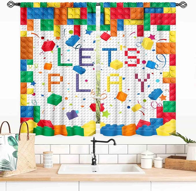 Building Blocks Curtains for Boys Room, Abstract Colorful Plastic Building Brick Blocks Geometric Printed Pattern Window Treatment Drapes for Kids Baby Bedroom Living Room, 55x39 Inch