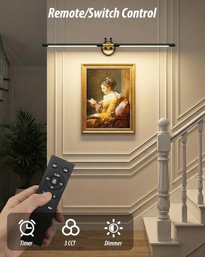 Picture Lights Battery Operated, 38inch 3CCT&Dimmable Picture Frame Light with Remote, 5200mAh Rechargeable Picture Light for Wall, Black and Gold