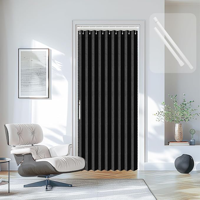AJAZZ Set: Curtain Rods No Drilling (38-53" W Adjustable Range) & Accordion Door Curtain, Black 53W×78" L, Accordion Doors for Closet Doorway Room Divider