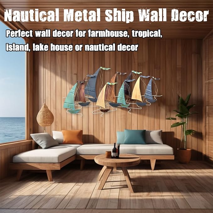 edaknez Large Metal Sailboat Wall Decor, 51" x 26" Ship Metal Wall Art | Coastal Nautical Boat Wall Hanging, Large Ship Wall Sculptures, for Living Room Bedroom Indoor Ourdoor Ocean Beach