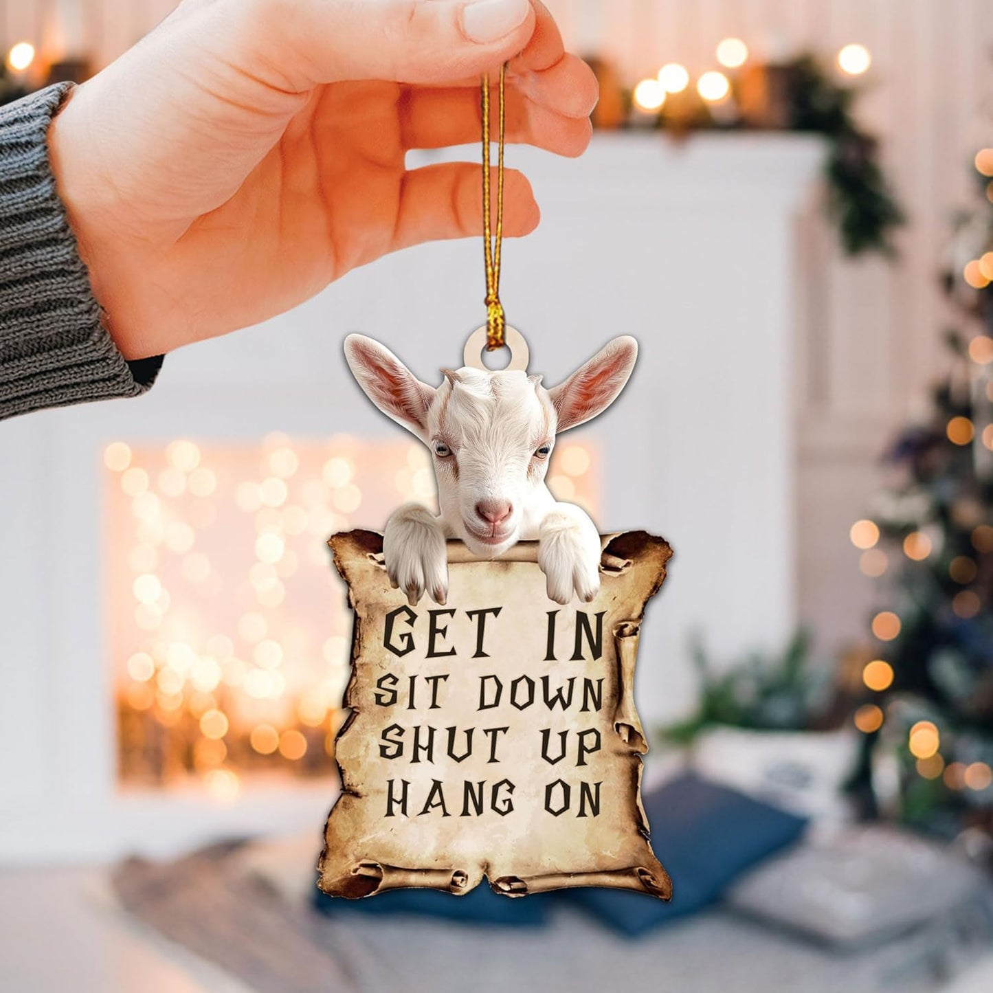 Talataca Goat Get in Sit Down Shut Up Hang On Funny Animal 2D Flat Car Rear View Mirror Accessories Christmas Tree Ornament Decoration Hanging Charm Interior Rearview Pendant Decor Gift