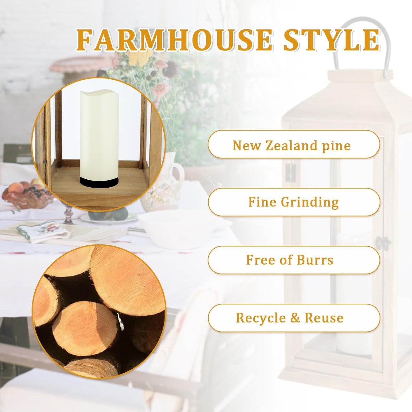 Large New Zealand Pine Lantern With Flameless Pillar Candles - IP65 Waterproof Decorative for Home Decor, Indoor Outdoor, Front Porch, Garden, Farmhouse Style