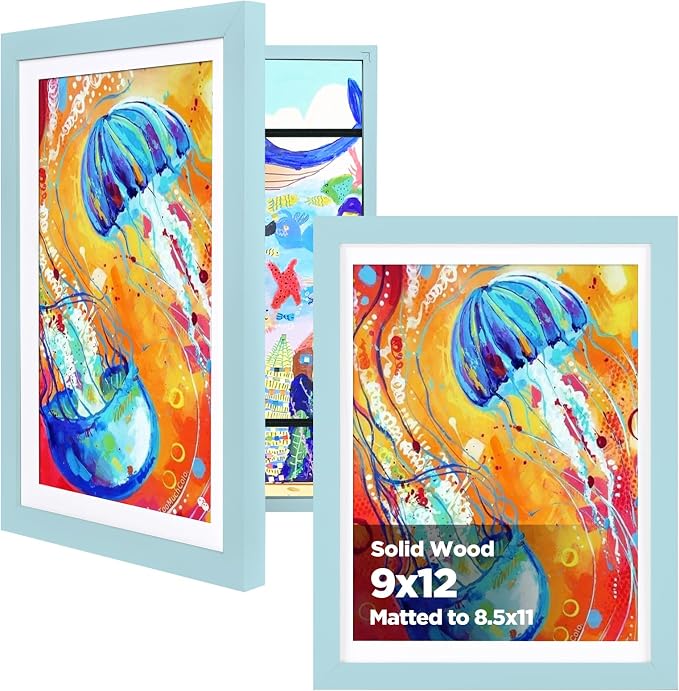 KINLINK 9x12 Kids Art Frame 2 Pack, Solid Wood Artwork Frames Changeable, Front Opening Hold 150 Pictures, Art Frames for Kids Artwork, 8.5x11 with Mat 9x12 without Mat, Picture Frames Light Blue