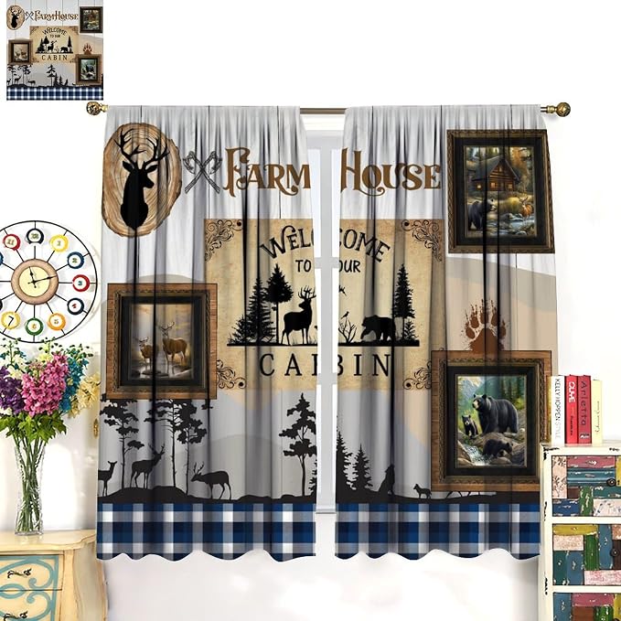 Hunting Bear Deer Blackout Curtains Vintage Rustic Farmhouse Lattice Forest Hunting Lodge Wood Wildlife Windows Treatments for Kitchen Farm Living Room Bedroom 63x63in