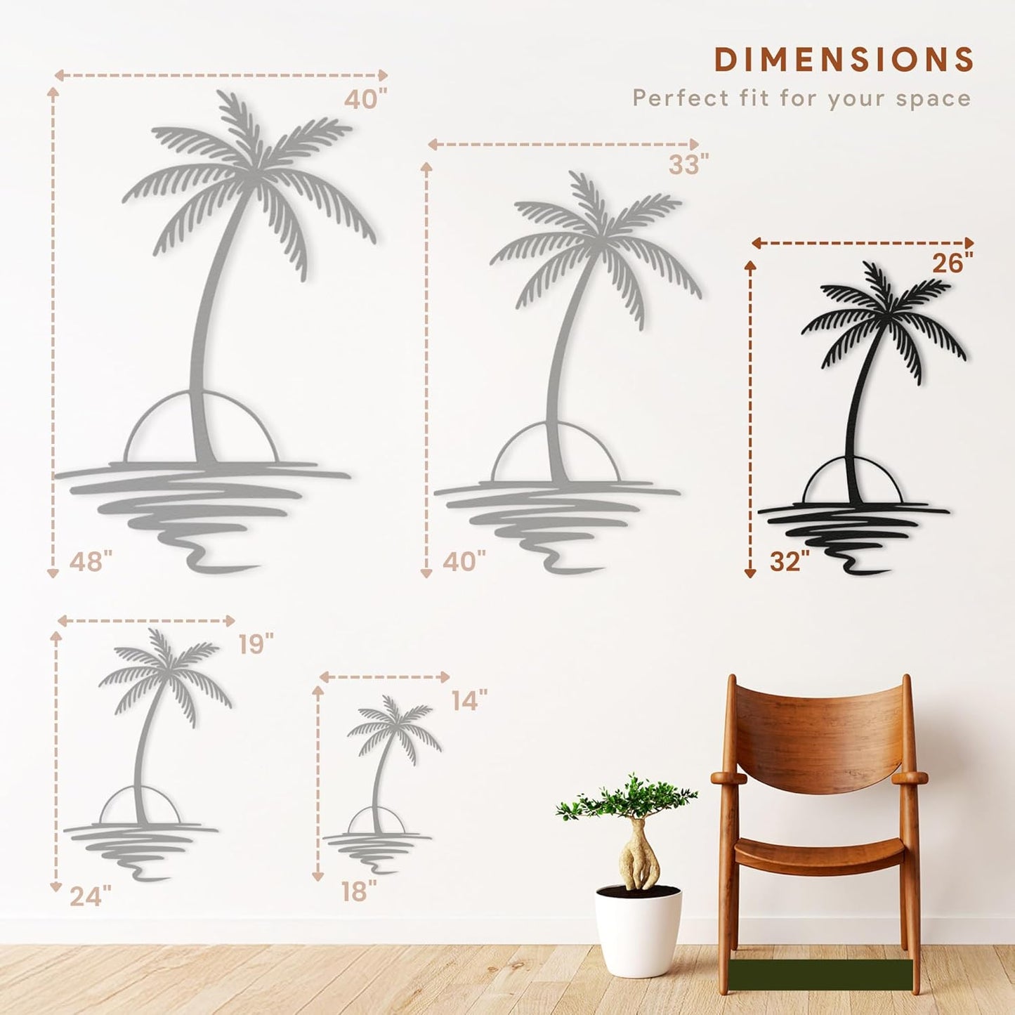 Metal Palm Tree with Sunset Wall Art, Large Outdoor Wall Decor, Tropical Beach Decor for Living Room, Bedroom, Garden Home Wall Sign, Perfect Metal Wall Art for Beach House (Black, 32 x 26 inches)