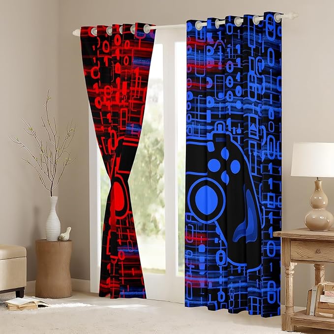 Feelyou Kids Boys Red and Blue Gamer Blackout Curtains Gamer Window Curtains for Ombre Geometric Teens Game Darkening Drapes Gaming Window Treatments Game Room Decor (2 Panels, 38 x 54 Inch)