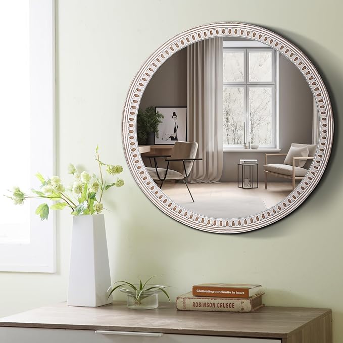 24 Inch Rustic Farmhouse Round Wood Wall Mirror for Bathroom Entryway Decor | Soft Curved Shape Balances Straight Furniture Lines While Creating an Inviting Focal Point in Compact or Open Areas