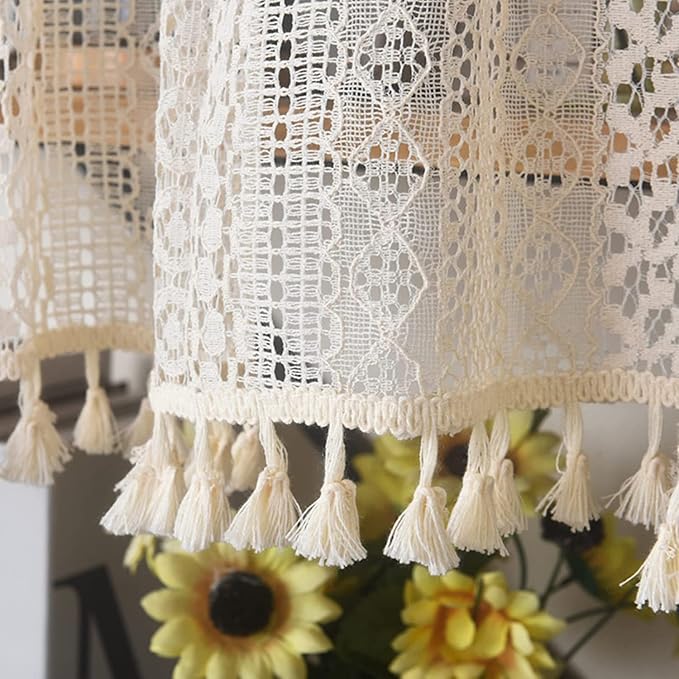 Sutuo Home Beige Boho Lace Short Curtain for Kitchen Window Curtains Over Sink,Vintage Chic Valance Crochet Bohemian Semi Sheer Farmhouse Rustic Handmade Tassels,Rod Pocket,1 Panel 59" W x 18" L