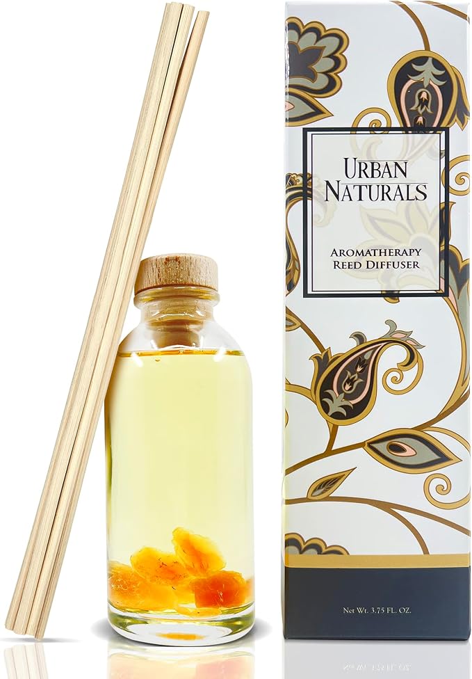 Urban Naturals Reed Diffuser Set, Sensual Amber Blossoms - Bathroom Décor | Made with Essential Oils & Real Botanicals, Sweet Amber, Night Blooming Jasmine, Sandalwood, Bergamot, Vanilla & Musk