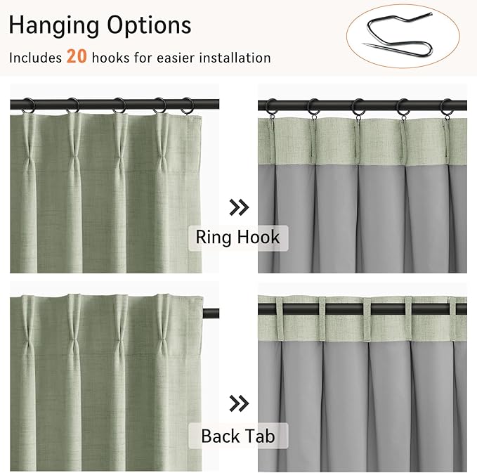 100% Blackout Shield Linen Look Textured Pinch Pleated Curtains Blackout Drapes 84 Inch Long 2 Panels Set, Sage Green Blackout Curtains for Bedroom & Living Room, 40" W x 84" L