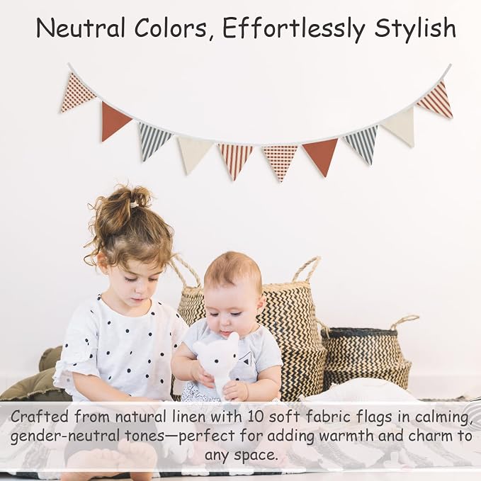 Boys Toddler Room Playroom Nursery Decor, Garland Triangle Banners, 11Ft Vintage Warm Neutral Plaid Design Pennant Banner Bunting Flags Fabric for Baby Shower Birthday Party Wall Art