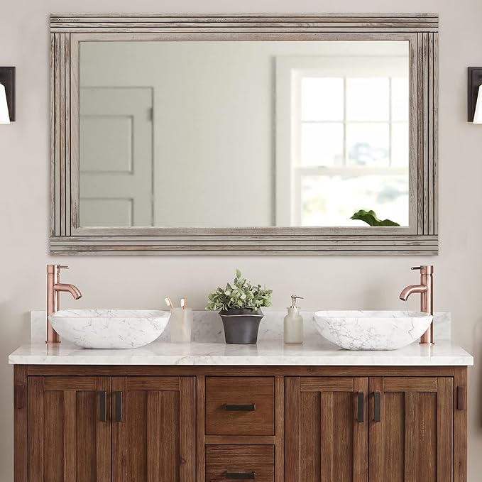 YOSHOOT Hand-Made Wooden Spliced Wall Mirror for Bathroom, Rustic Farmhouse Vanity Mirror, Décor Wall Art, Solid Wood Frame, Vertical or Horizontal Hanging, 60" x 30", Grey