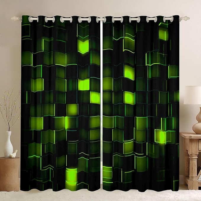 Castle Fairy Dark Green Block Window Curtain | Geometric Honeycomb Blackout Curtain for Boys Bedroom Decor,Video Games Curtains Modern Cool 3D Living Room Top 2 Panels,42Wx63L