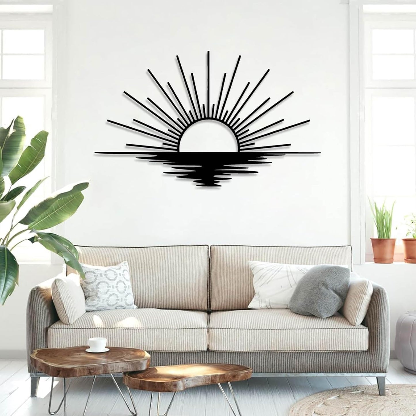 Sunrise Metal Wall Art, Metal Sun Wall Decor, Sun Outdoor Wall Art, Abstract Sunrise Wall Decor, Boho Home Hanging, Living Room Wall Hanging (White, 35"x21"/90x54cm)
