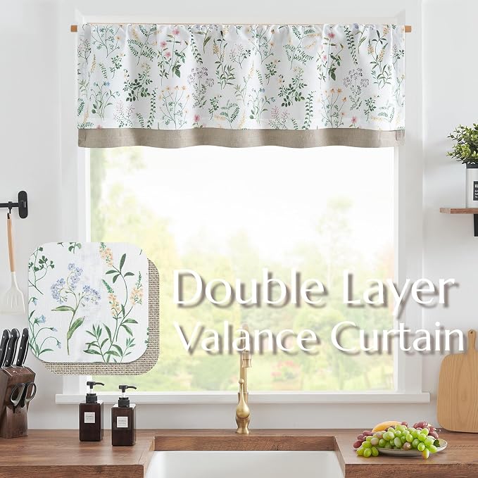 jinchan Linen Double Layer Valance Curtain for Windows Spring Summer Farmhouse Floral Light-reducing Kitchen Living Room Bedroom Bathroom 16 Inch Rod Pocket 1 Panel Green on White
