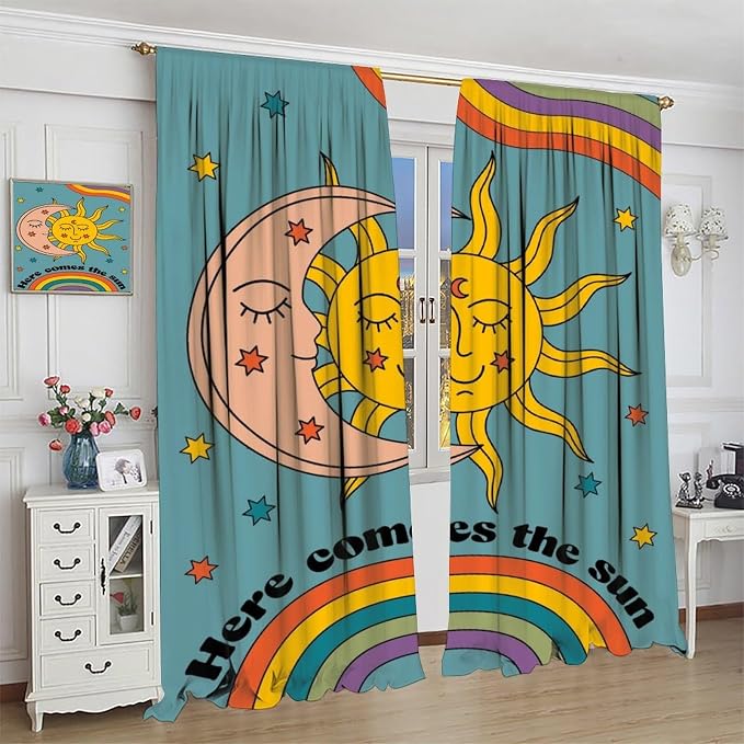 Boho Retro Moon Blackout Curtains, Abstract Vintage 70s Rainbow Mid Century Colour Art Print Window Drapes, for Living Room Bedroom 42x63in 2 Panels