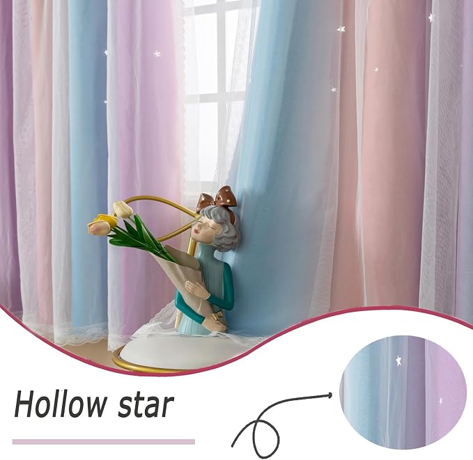 Cute Star Blackout Curtains for Girls Bedroom, Princess Curtains, W52X L84 | 1 Panel Pink Purple Thick Grommet Top Star Cutout Curtains, Double Layer Nursery Kids Curtains, Aesthetic Living Room Decor