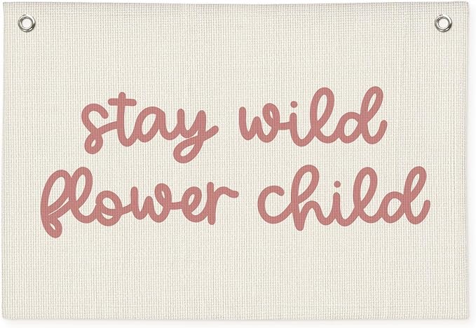 Girls Room Nursery Decor, Stay Wild Flower Child Linen Canvas Banner Wall Hanging Flag Decor for Little Toddler Baby Girls Room Playroom, Baby Shower Girl Decorations