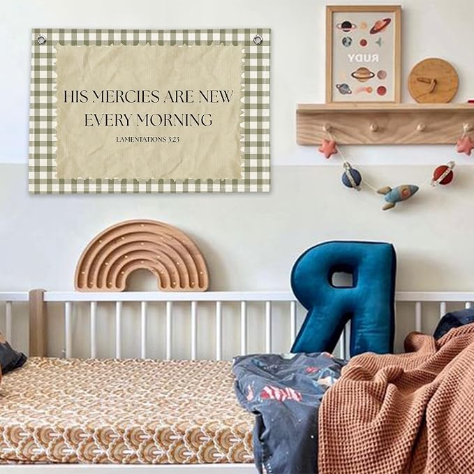 RTXLEZM Christian Nursery Decor, Kids Room Wall Art Decor | Retro His Mercies Are New Every Morning Christian Canvas Banner Wall Hanging for Kids Toddler Boys Nursery Room Bedroom