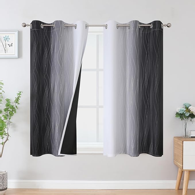 Estelar Textiler Black and Greyish White Blackout Curtains 54 Inch Length, Light Blocking Gradient Grommet Drapes for Bedroom, Thermal Insulated Ombre Curtains for Bathroom,42Wx54L,2 Panels