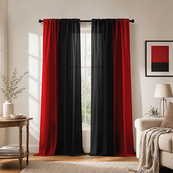 Red and Black Ombre Curtains 72 inches Length for Living Room,Abstract Black and Red Light Filtering Window Curtain Rod Pocket Gradient Vintage Window Drapes for Bedroom Curtains,2 Panels