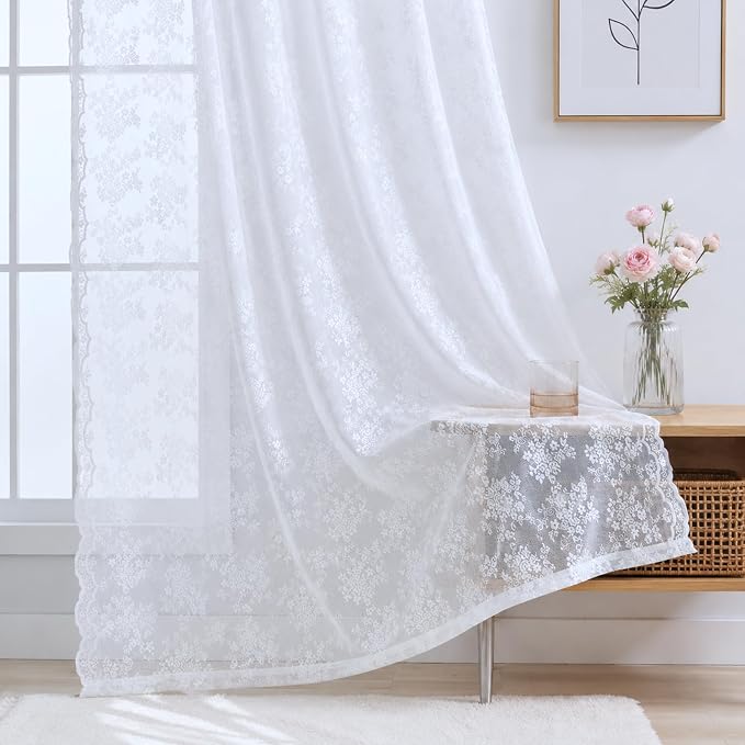 YJ YANJUN Vintage Lace Curtains 84 Inches Long Brilliant White 2 Panels | Floral Pattern,Sheer, Light-Filtering,French,All-space perfect,Rod Pocket