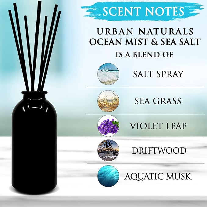 Urban Naturals Reed Diffuser Set, Ocean Mist & Sea Salt - Bathroom Décor | Made with Essential Oils & Real Botanicals, Decorative Air Freshener for Large Rooms, Beautiful Home Décor Makes a Great Gift
