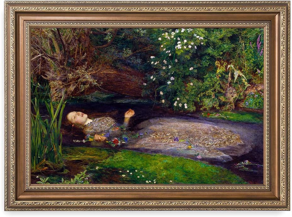 DECORARTS - Ophelia by John Everett Millais. Giclee Print on Canvas. Professionally Framed for Home and Office Decor. Ready to Hang. Total Size with Frame: 28.75x20.75 in.