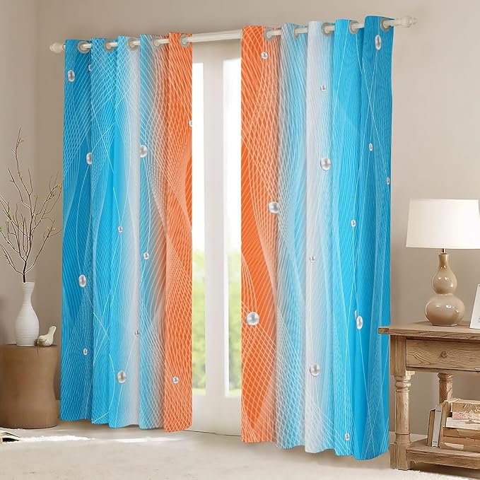 jejeloiu (2 Panels, 52 x 63 Inch Orange and Blue Darkening Drapes Strip Lines Curtains for Bedroom for Kids Women Men Ombre Pearl Printed Blackout Curtains Geometric Window Treatments