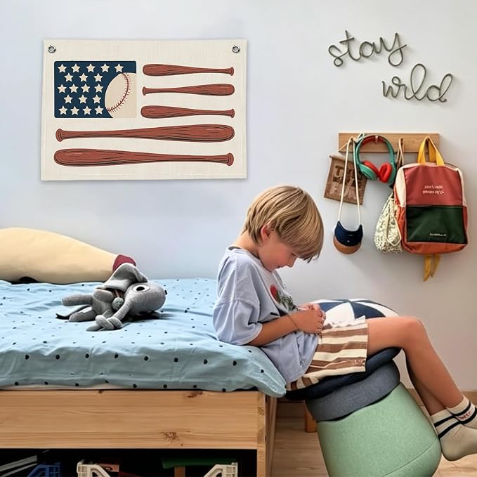RTXLEZM Baseball Wall Decor,Vintage Boys Room Decor Canvas Banner Hanging | Patriotic Decor for Toddler Boys Kids Nursery Bedroom Playroom Classroom Teen 20x30 inch