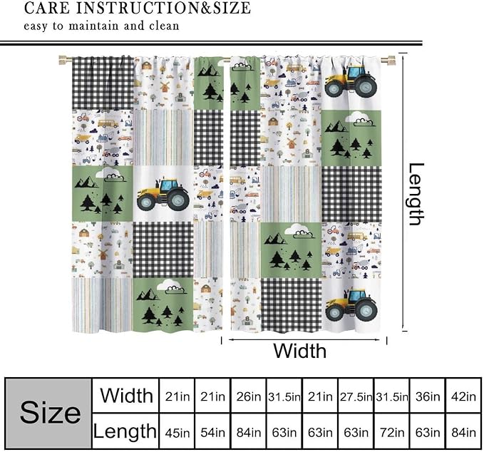 Cartoon Car Blackout Curtain,Kids Construction Truck Tractor Grid Stripes Farm Rustic Curtains Dining Room Living Room Kitchen Cafe Bedroom Office Nursery Drapes,42x54 in