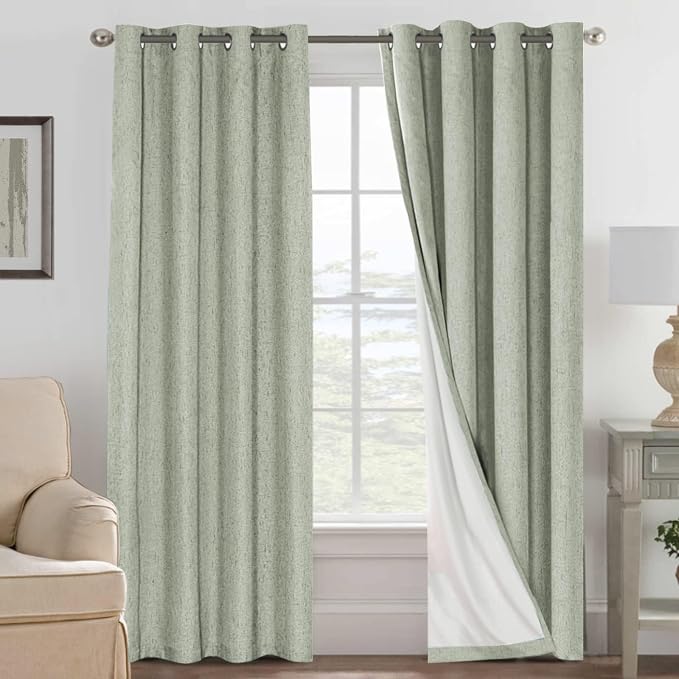 H.VERSAILTEX Linen Curtains 100% Blackout Curtains for Bedroom 90 inch Long Full Light Blocking Nature Linen Blended Window Curtains for Living Room Nickel Grommet (2 Panels, Sage)