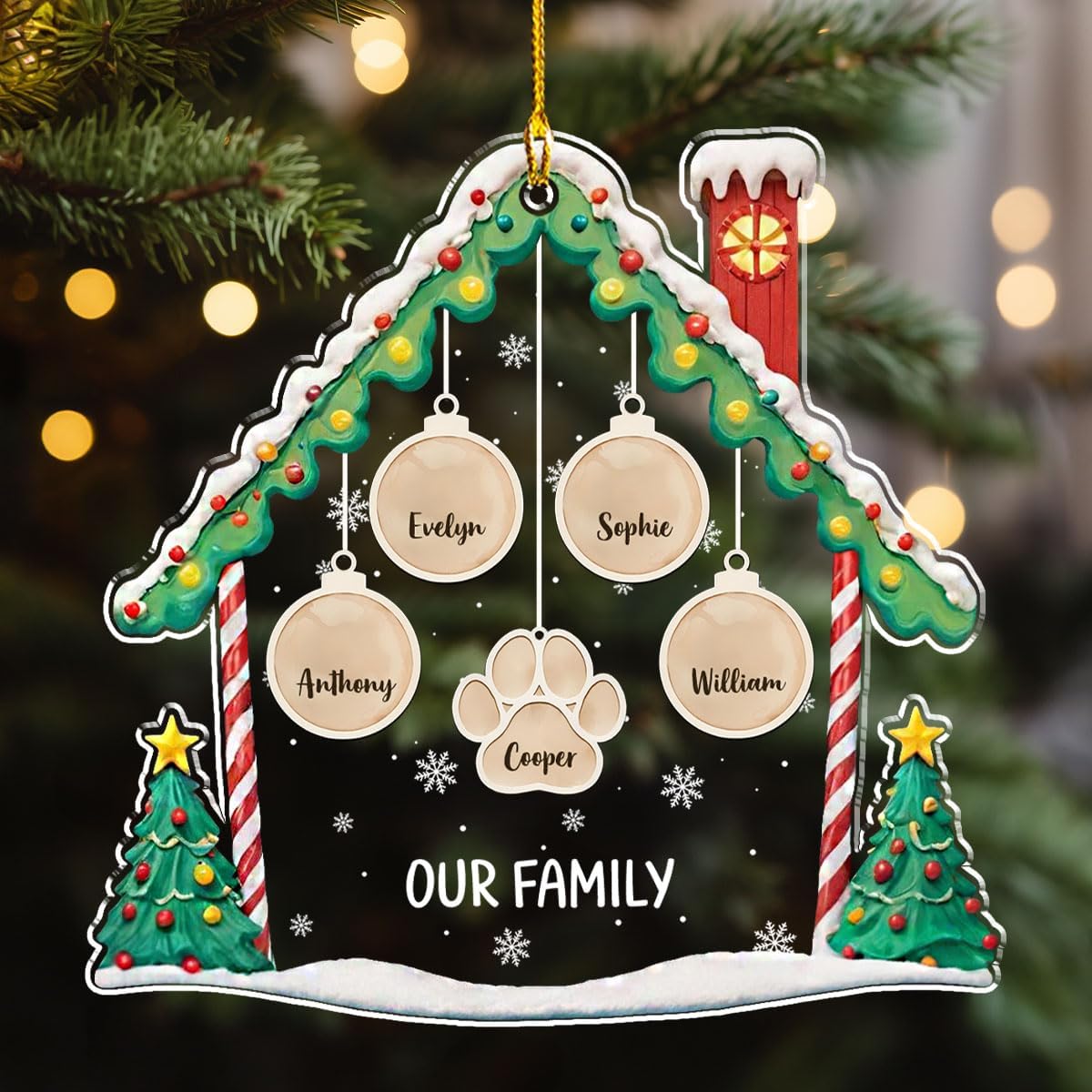Personalized Family Christmas Acrylic Ornament 2024 - Custom Name Charms Family Members up to 10 People and Pets, Paw Charm Ornament Gifts for Family Tree Decoration (A02, 2 Names)