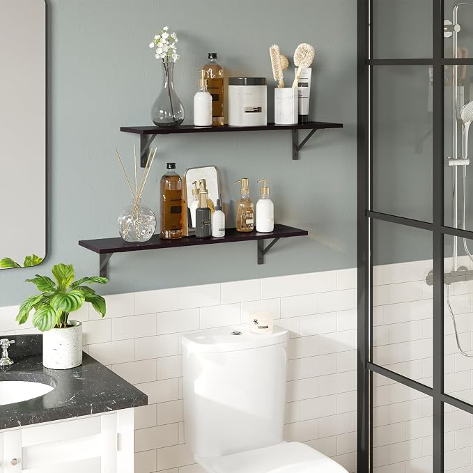 DINZI LVJ Long Wall Shelves, 23.6 Inch Wall Mounted Shelves Set of 2, Easy-to-Install, Storage Ledges with Sturdy Metal Brackets for Living Room, Bathroom, Bedroom, Kitchen, Espresso