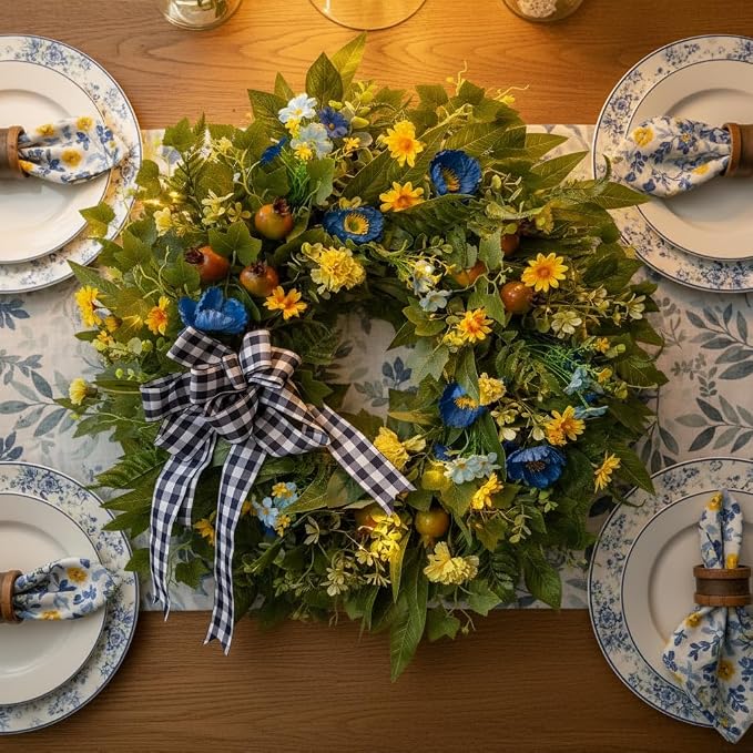 WANNA-CUL 24 Inch Blue Yellow Summer Wreath for Front Door All Season Decor | Blue Yellow Floral Wreath with Pomegranates and Daisies, 24-inch, Indoor Outdoor Farmhouse Decor for Spring Summer Fall
