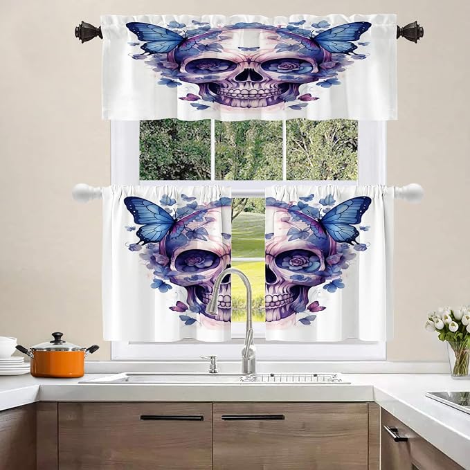 Shrahala Halloween Watercolor Skull Blackout Short Curtains for Windows, Purple Blue Gothic Butterflies Flowers Kitchen Valance Thermal Insulated Rod Pocket Window Treatment 2 Pack 52 X 16 in
